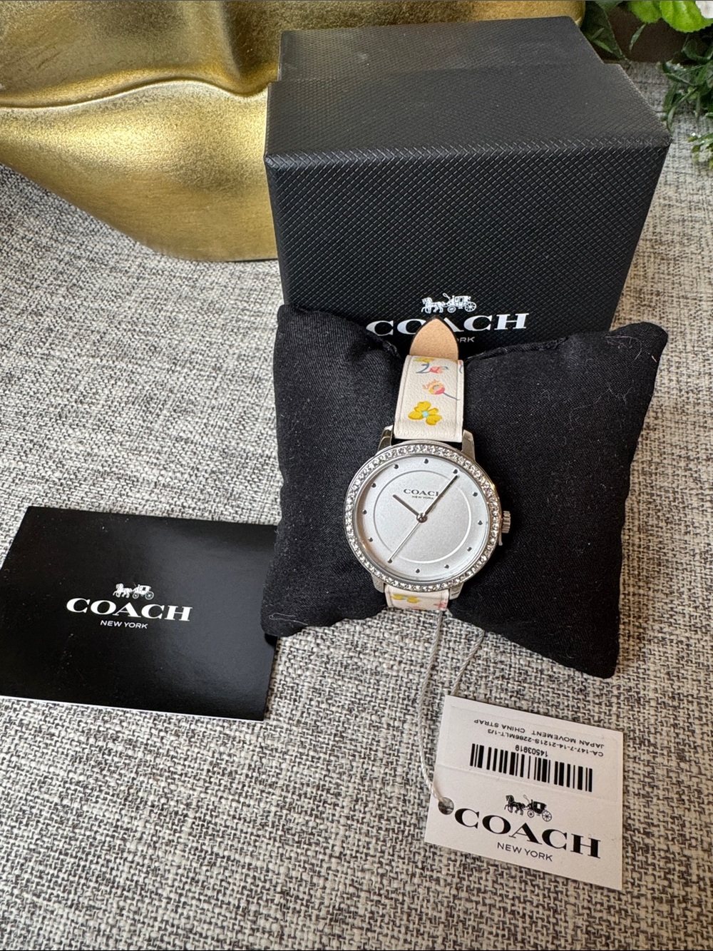 Coach Silver Dial Watch with Floral Cream Leather Strap